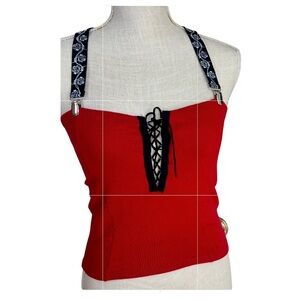 VTG Y2K Red Ribbed Black Lace Up Tank Corset Top Graphic Straps Goth Biker Sz M